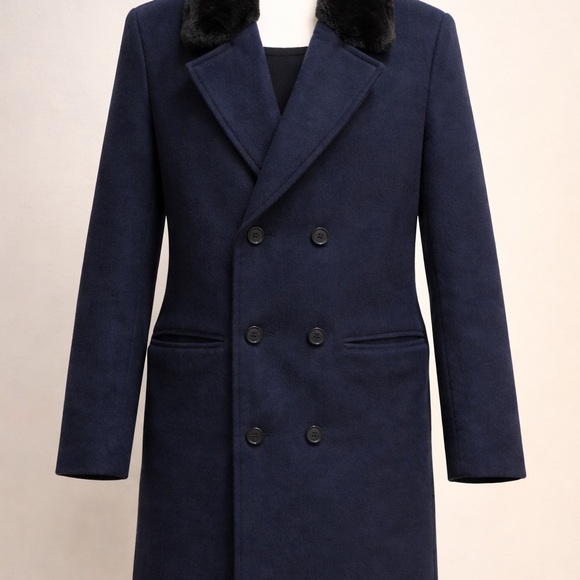Men's Elegant Navy Pea Coat with Black Fur Collar - Picture 2 of 4